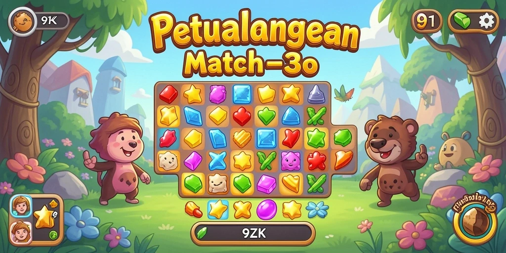 Screenshot gameplay 9ZK yang menampilkan momen seru mencocokkan permata.
